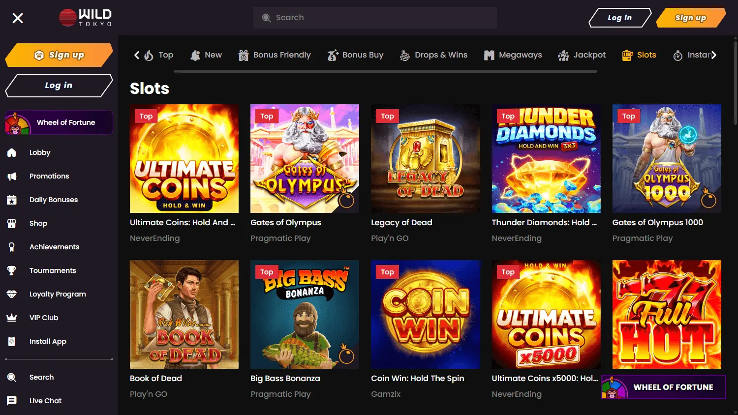 Wild Tokyo Casino desktop game browsing area