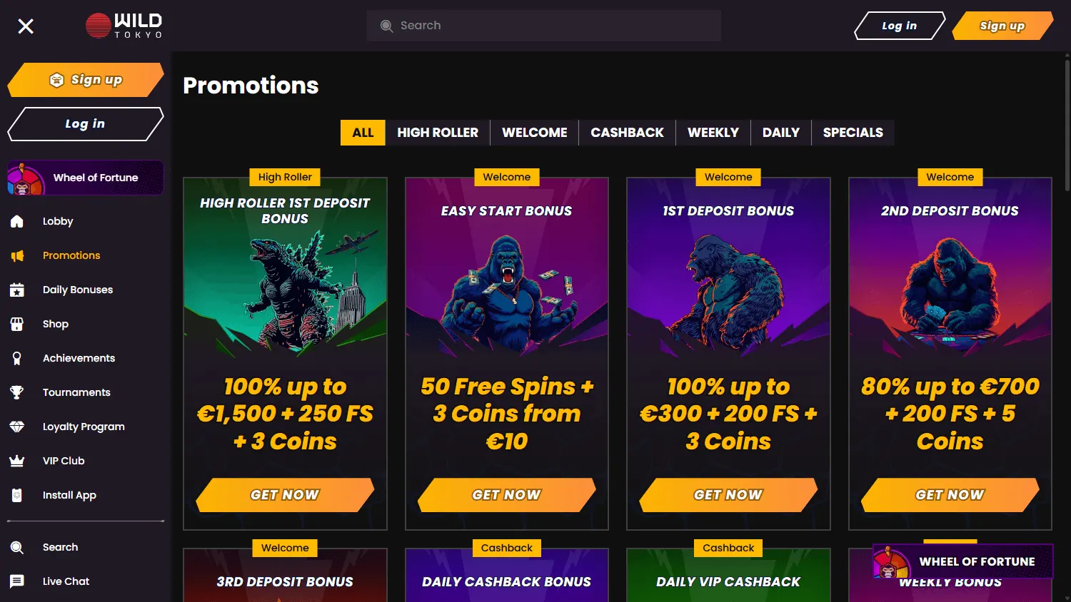 Wild Tokyo Casino desktop promotions area