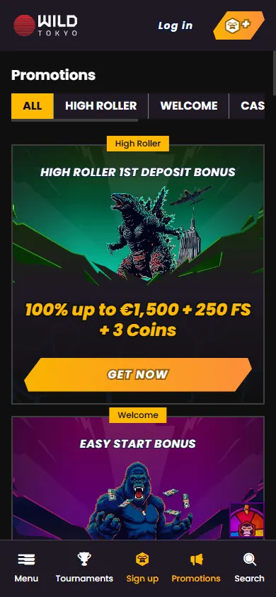 Wild Tokyo Casino mobile promotions area