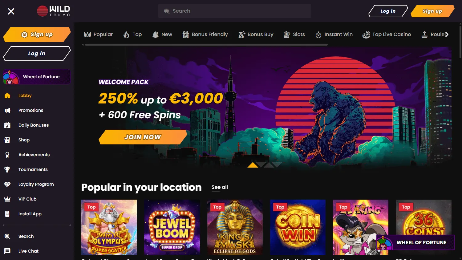 Wild Tokyo Casino desktop home for Australian players